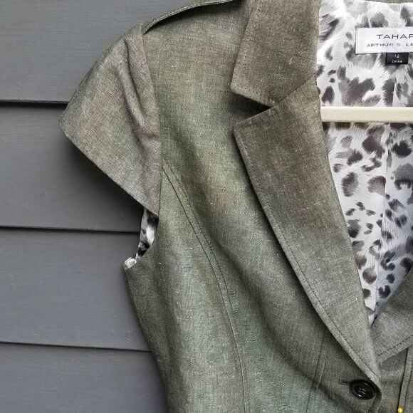 Tahari Gray Cap Sleeve Linen Blend Belted Jacket Size 12 - Picture 8 of 11